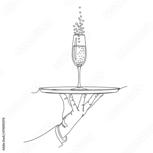 Vector art of elegant champagne flute on a silver tray, , showcasing celebration and sophistication in a minimalist line art style