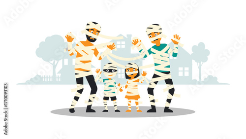 Halloween Mummy Family : A playful Halloween illustration depicts a family humorously transformed into mummies, set against a whimsical suburban backdrop, perfect for festive themed designs. 