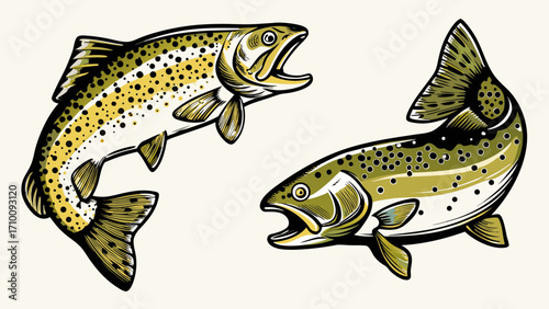 Two stylized trout fish jumping with open mouths against a light background