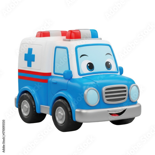 Cute cartoon ambulance vehicle with blue and white design and red flashing lights transparent background