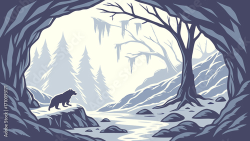 Winter forest scene viewed from a cave featuring a wild animal and snowy landscape.