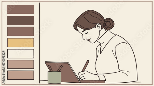 Woman using digital tablet to draw graphic design illustration artist at work digital art creative process stylus pen modern technology home office workspace comfortable relaxed focus.