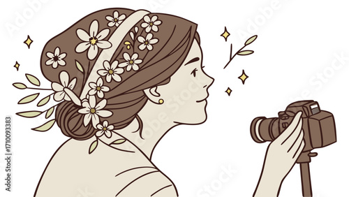 Woman with floral hair using a camera on a tripod illustration profile view.