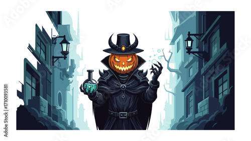 Nighttime Enchanter: A captivating illustration of a mystical figure, sporting a grinning pumpkin head and dark attire, conjuring an eerie spell in a moonlit alleyway.