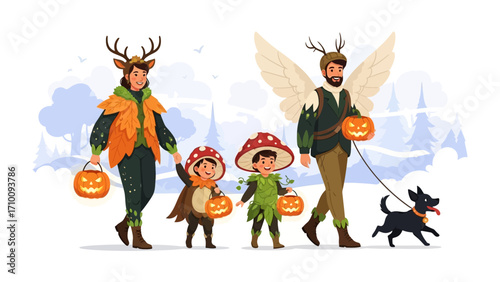 Magical Halloween Procession: A family dressed in whimsical costumes parades down a wooded path during Halloween, their jack-o'-lanterns glowing, accompanied by a playful canine.