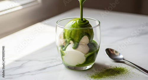 Indulge in a decadent scoop of creamy vanilla ice cream cascading with vibrant matcha syrup, a delightful dessert experience for any sweet craving.