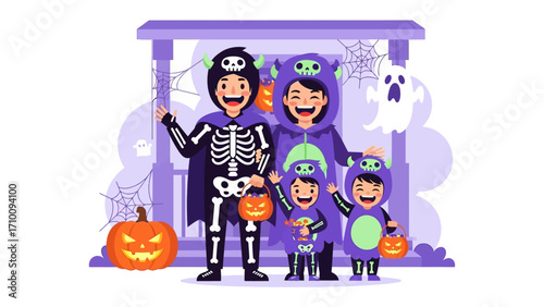 Halloween Family in Festive Costume: A charming family, adorned in spirited Halloween costumes, radiates joy as they pose for a picture in front of a creatively decorated porch.