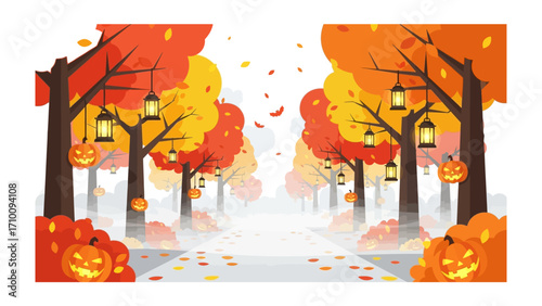 Autumnal Halloween Scene: A whimsical autumn scene unfolds, where vibrant orange and yellow trees line a path, illuminated by glowing lanterns and playful carved pumpkins, casting an eerie.
