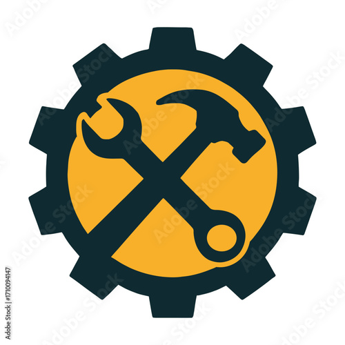 A dark gear encloses a bright yellow circle with a crossed hammer and wrench, symbolizing repair and industry.