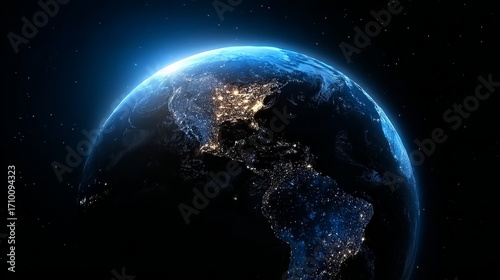 Earth viewed from space at night, showing illuminated continents and city lights against the dark ocean and atmosphere