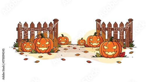 Spooky Pumpkin Patch Gateway: A whimsical illustration depicting a pumpkin patch with carved pumpkins, a rustic fence, and autumn leaves, evokes the spirit of Halloween. 