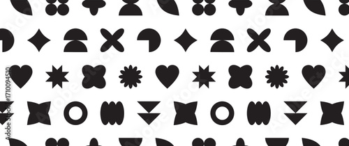 Y2k shape element seamless pattern, abstract retro figure background, geometry simple form print, vibrant groovy futuristic bg. Minimal brutalist wallpaper. Modern vector illustration