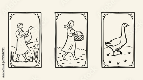 Vintage illustration of a woman with geese and a basket