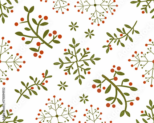 Wallpaper Mural Seamless pattern of red berries and green leaves on white background Torontodigital.ca