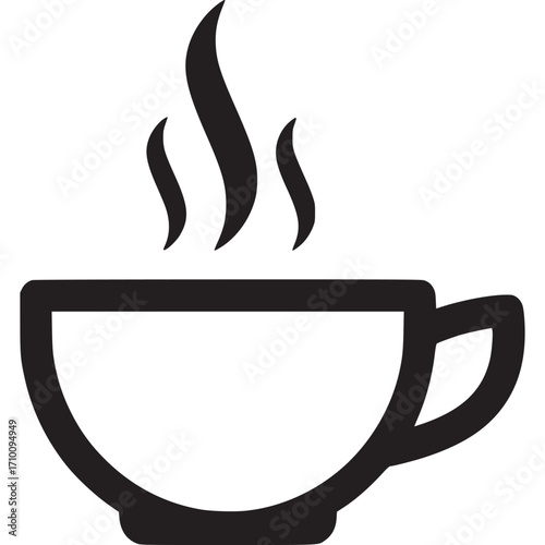 Black silhouette of a steaming coffee cup isolated on white background