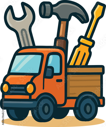 Cartoon truck carrying various tools for repair and maintenance