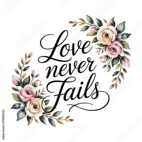 Elegant script lettering of 'Love Never Fails' is adorned with delicate watercolor floral arrangements on a white background.