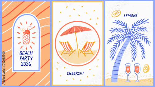 Summer beach party celebration with tropical drinks and palm tree