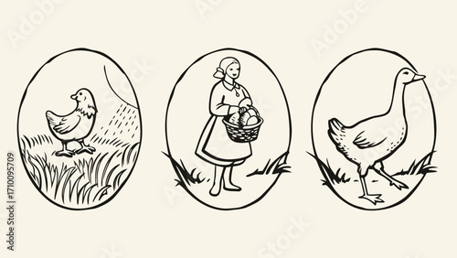 Vintage illustration of farm animals and a woman collecting eggs