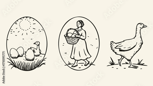Vintage illustration of a woman collecting eggs with geese and chicks