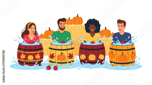 Autumn Festivities: A cheerful gathering of diverse people enjoys a spirited game, playfully dunking for apples in festive barrels amidst a harvest of pumpkins.