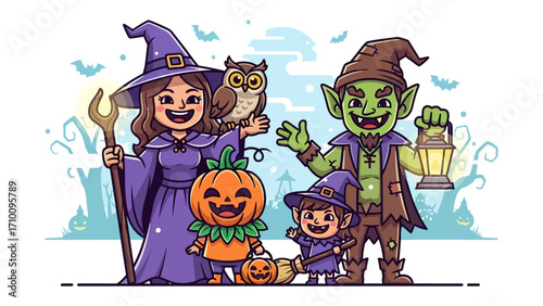 Halloween Crew: A whimsical gathering of Halloween characters, showcasing a witch, a goblin, a little witch and a pumpkin, all set against a spooky illustration scene.