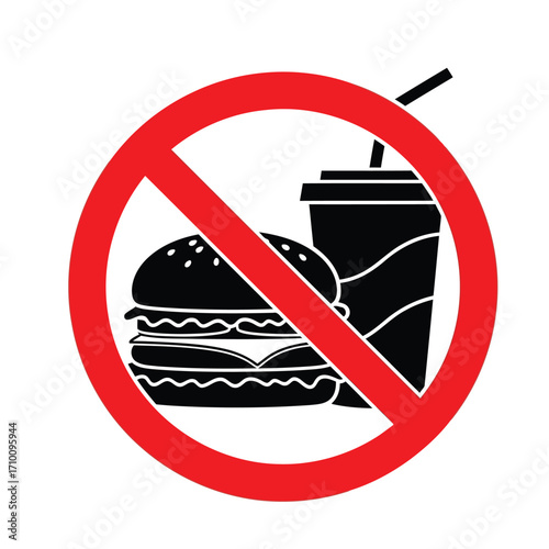 Vector art of no food and drink sign with a burger and soda in a red circle with a line through it, for dietary restrictions