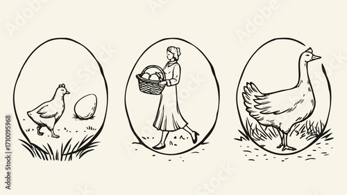 Vintage illustration of a chicken with an egg a woman with a basket of eggs and a goose