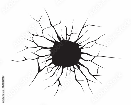 Black cracked hole on white background