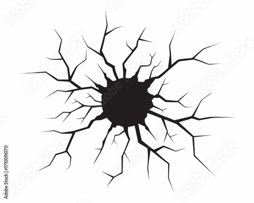 Black cracked hole on white background abstract design
