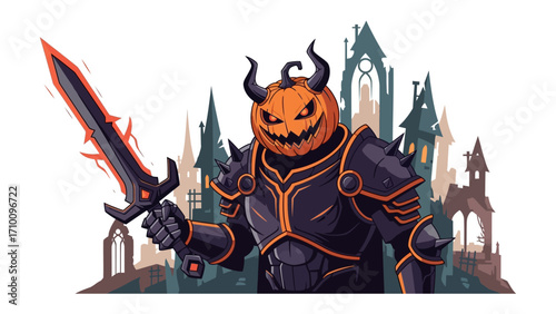 Spooky Pumpkin Knight: An artistic illustration of a formidable pumpkin-headed knight wielding a fiery sword against the backdrop of a haunting castle. It exudes the spooky essence of Halloween.