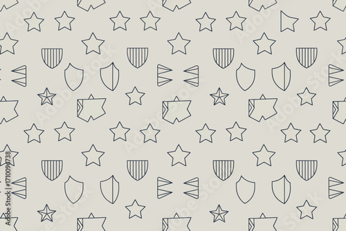 Seamless pattern featuring stars shields and abstract shapes on a light beige background design element art