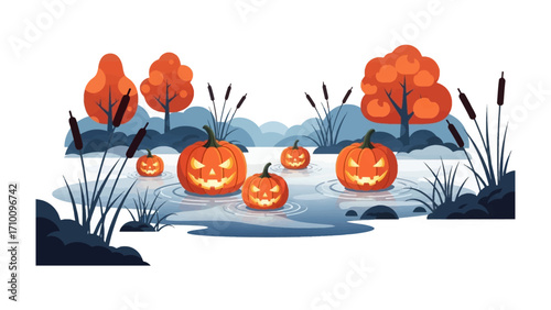 Halloween Pumpkin Lake: A whimsical illustration depicts a serene lake, adorned with carved pumpkins. The scene is further enhanced by the surrounding autumn foliage and trees. 