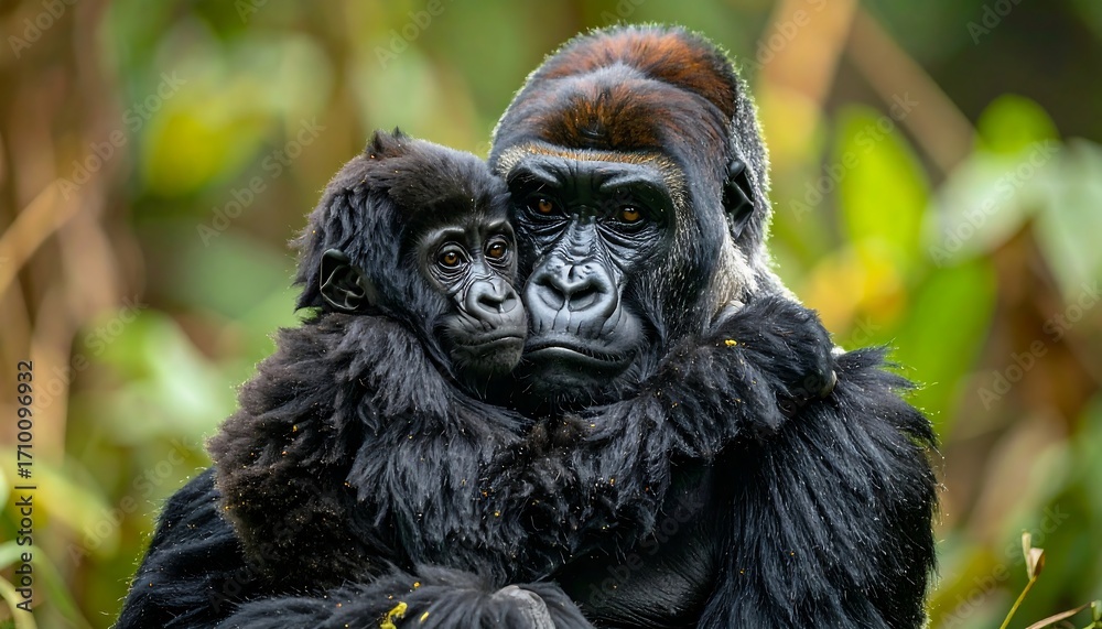 Obraz premium A tender moment A silverback gorilla cradles a baby gorilla, their dark fur contrasting against the green foliage