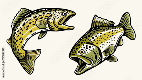 Two stylized trout fish with open mouths against a plain background