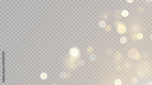 Golden dust light png. Christmas glowing bokeh confetti and sparkle overlay texture for your design. Stock royalty free vector illustration. PNG	