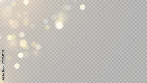 Golden dust light png. Christmas glowing bokeh confetti and sparkle overlay texture for your design. Stock royalty free vector illustration. PNG	