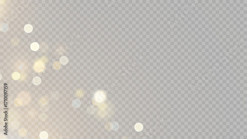 Golden dust light png. Christmas glowing bokeh confetti and sparkle overlay texture for your design. Stock royalty free vector illustration. PNG	
