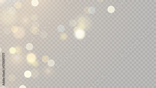 Golden dust light png. Christmas glowing bokeh confetti and sparkle overlay texture for your design. Stock royalty free vector illustration. PNG	
