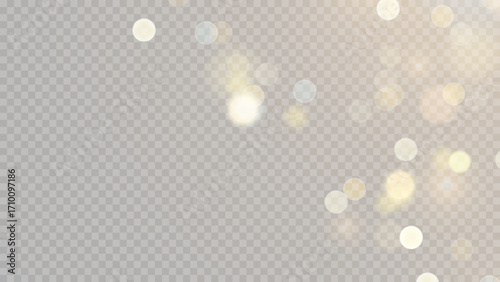 Golden dust light png. Christmas glowing bokeh confetti and sparkle overlay texture for your design. Stock royalty free vector illustration. PNG	
