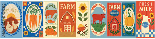 Vintage Farm and Country Labels – Retro Folk Illustrations of Barns, Animals, Vegetables, and Fresh Milk