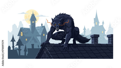 Midnight Howl: A fearsome werewolf, silhouetted against a full moon, perches atop a spooky rooftop, creating a classic horror image.