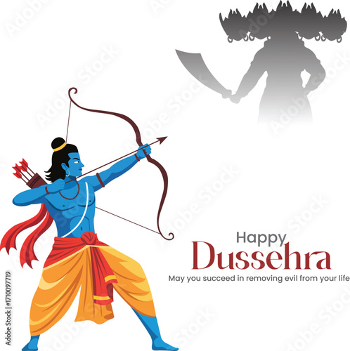 Indian holiday Vijayadashami. Happy Dussehra writing. God Rama with bow, arrows