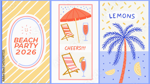 Summer beach party invitation with palm tree and drinks