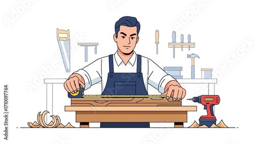 Craftsman at Work: A skilled craftsman focuses intently, wielding a measuring tape, as he shapes a wooden plank within his workshop.