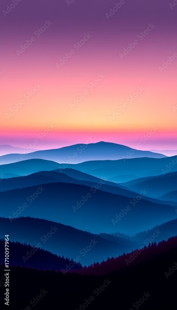 Fototapeta premium Stunning Purple and Orange Sky Silhouettes on Distant Mountains During a Tranquil Evening Sunset