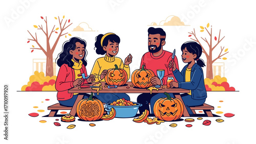 Pumpkin Carving Together: A vibrant illustration captures a family's autumnal moment, gathered around a table to carve pumpkins, embodying the spirit of the season's joyful festivities.