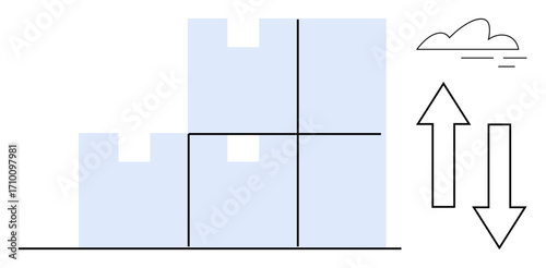 Stacked block shapes on a graph-thumbs up structure and upward and downward arrows. Cloud symbol adds abstraction. Ideal for growth, decline, structure, balance, progress, strategy, simple flat