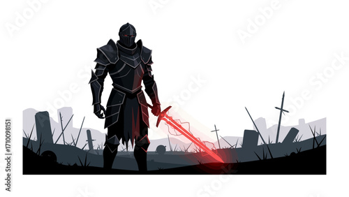 Warrior of Valor: A solitary knight stands, sword of red light glowing, amidst a field of fallen, embodying strength, courage, and resilience in a world steeped in mystery and peril.