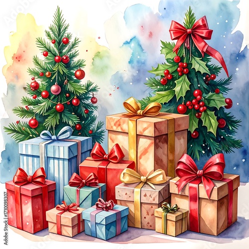 Watercolor Christmas scene with presents and trees